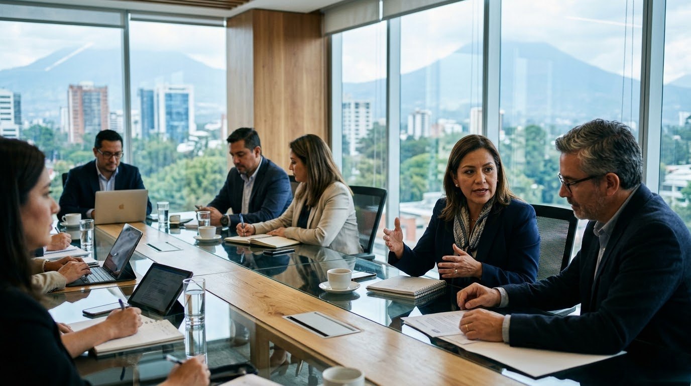Líderes de marketing guatemaltecos reunidos en una sala de directorio con vista a la ciudad