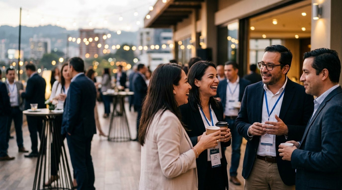 Ejecutivos guatemaltecos conversando durante un evento de networking